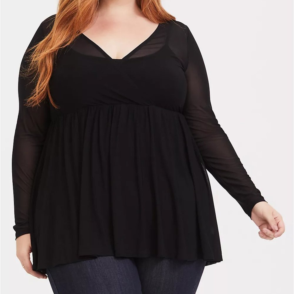 TORRID SHEER BLACK SURPLICE BABYDOLL TOP